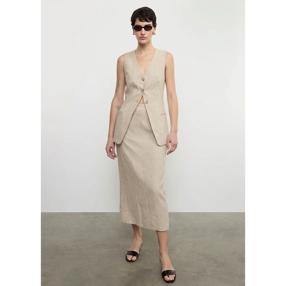 ENZA COSTA Linen Pencil Skirt Women Medium Natural Beige Linen Midi Casual NEW